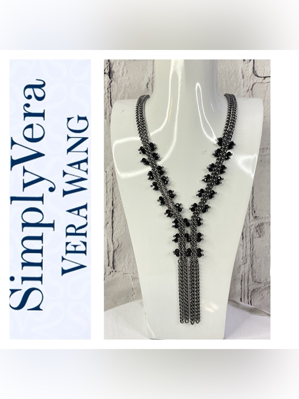 🌟🌟 Vera Wang Gunmetal Necklace with Black Bead Tassel Accent